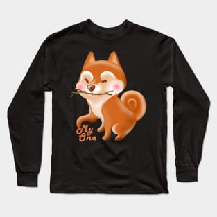 Shiba inu playing with wood stick Long Sleeve T-Shirt